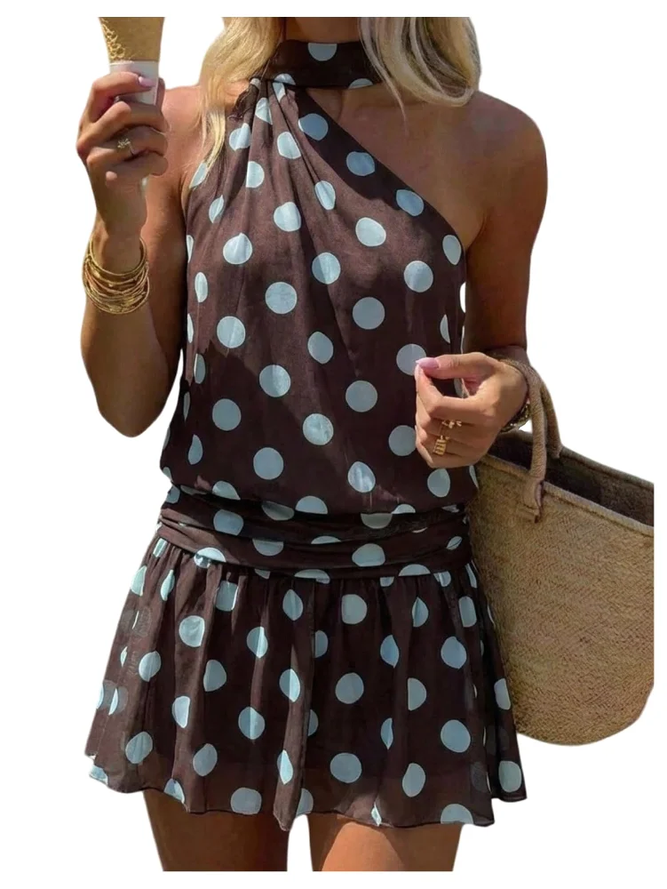 MAKEMECHIC One Shoulder Polka Dot A Line Mini Dress