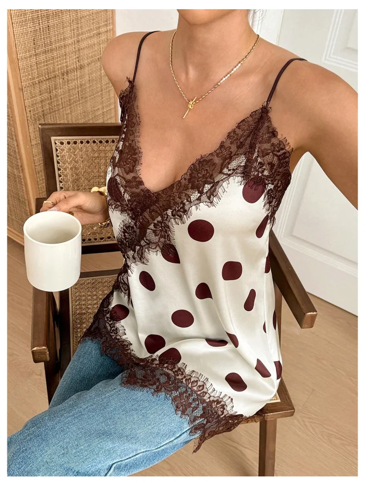 MAKEMECHIC Polka Dot Lace Trim Tank Top, view 2