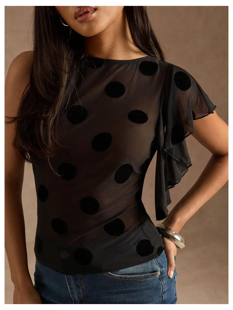 MAKEMECHIC Polka Dot Mesh Crew Neck Tank Top, view 3
