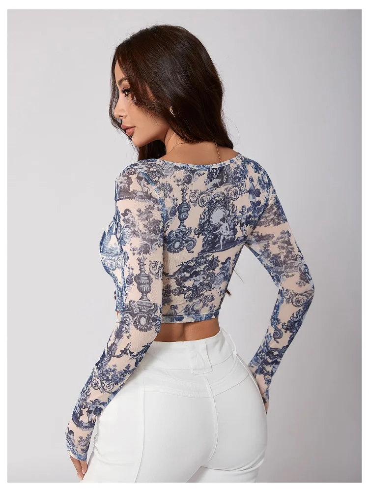 MAKEMECHIC Long Sleeve Graphic Square Neck Corset Top, view 2
