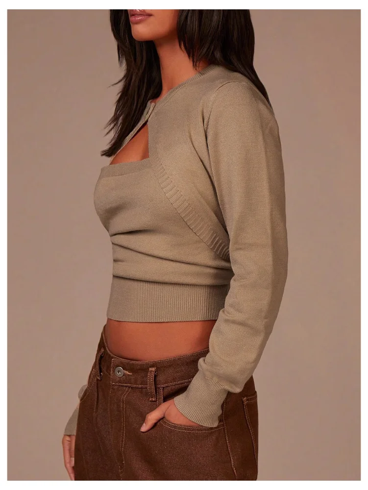 MAKEMECHIC Cut Out Cropped Long Sleeve Sweater, view 2