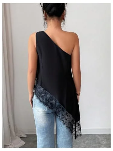 MAKEMECHIC Satin Lace One Shoulder Tank Top, view 2