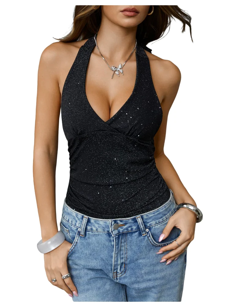 MAKEMECHIC Sparkly Deep V-Neck Bodysuit in Black