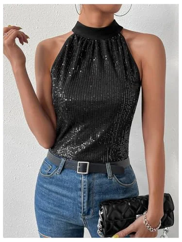 MAKEMECHIC Sequin Sparkly Tie Back Halter Top, view 2