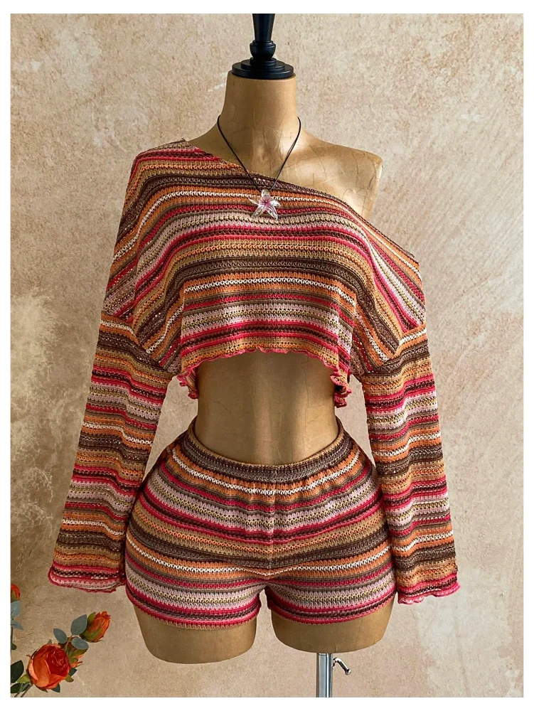 MAKEMECHIC Striped Crochet Beach Cover-Up, one-shoulder, view 3