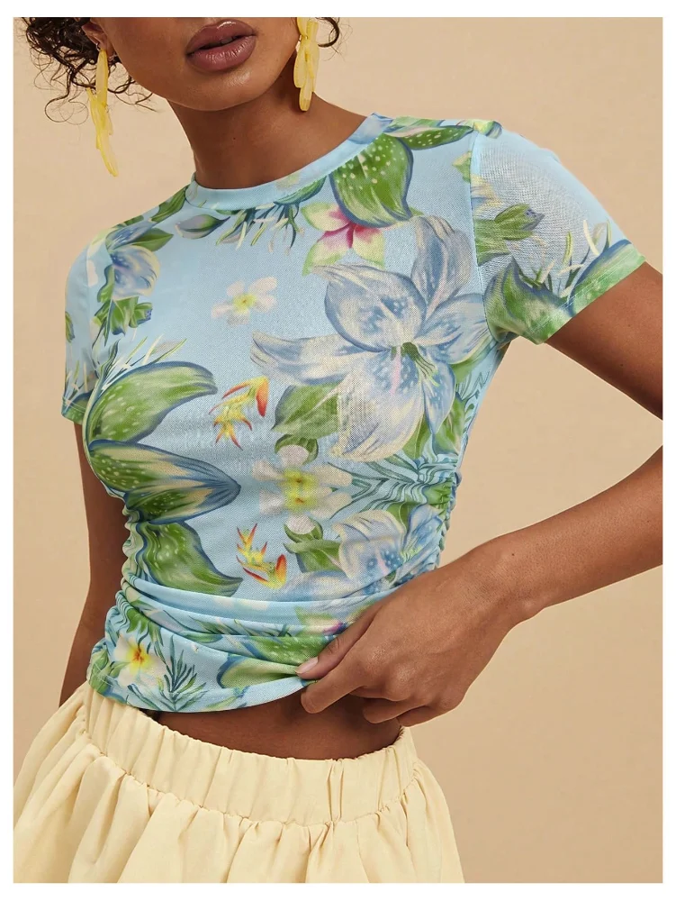 MAKEMECHIC Short Sleeve Mesh Ruched Shorts, view 2