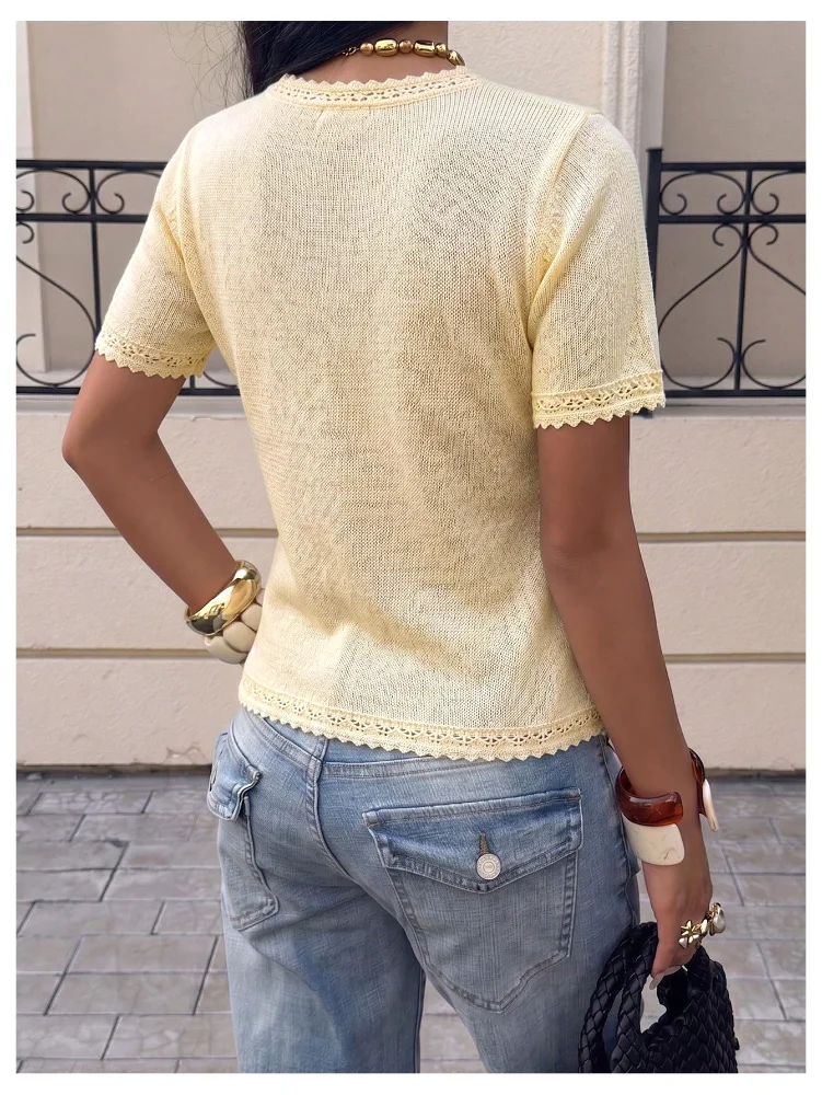 MAKEMECHIC Lace Trim Pearl Cardigan, view 3