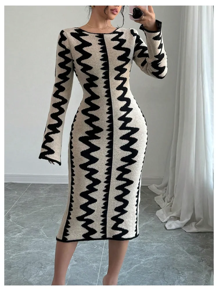 MAKEMECHIC Graphic Long Sleeve Bodycon Midi Dress, view 3
