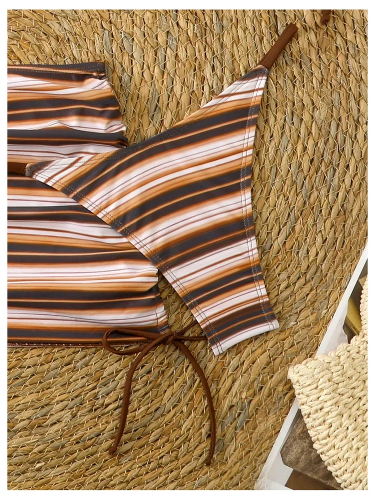 MAKEMECHIC Striped Triangle Bikini Set in Brown, view 2