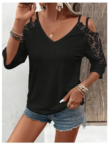 MAKEMECHIC Lace Cold Shoulder V-Neck Blouse, view 3