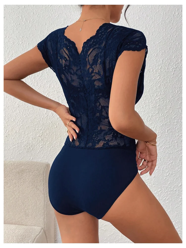 MAKEMECHIC Lace Deep V-Neck Bodysuit, view 3