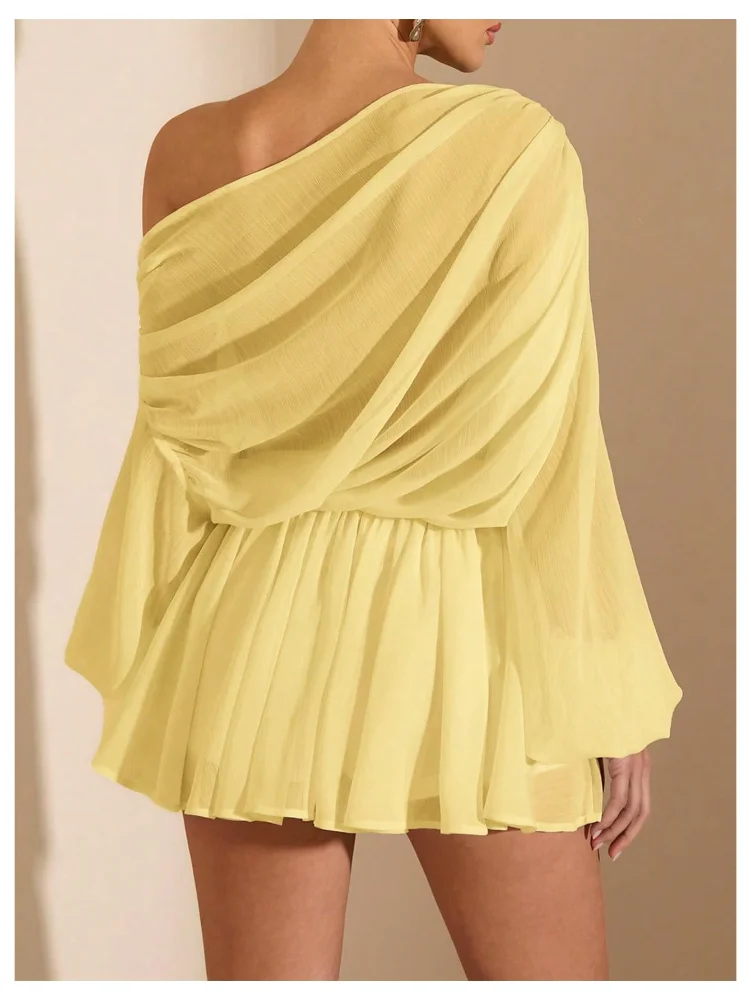 MAKEMECHIC Asymmetrical Neck Lantern Shorts Set, view 3