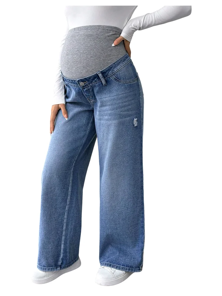 MAKEMECHIC Knitted Wide Leg Denim Maternity Jeans