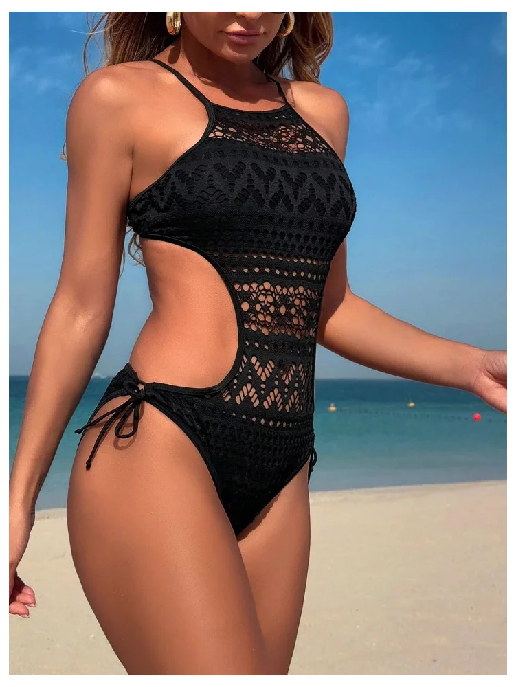 MAKEMECHIC Hollow Lace Up Cutout One-Piece Swimsuit, view 2