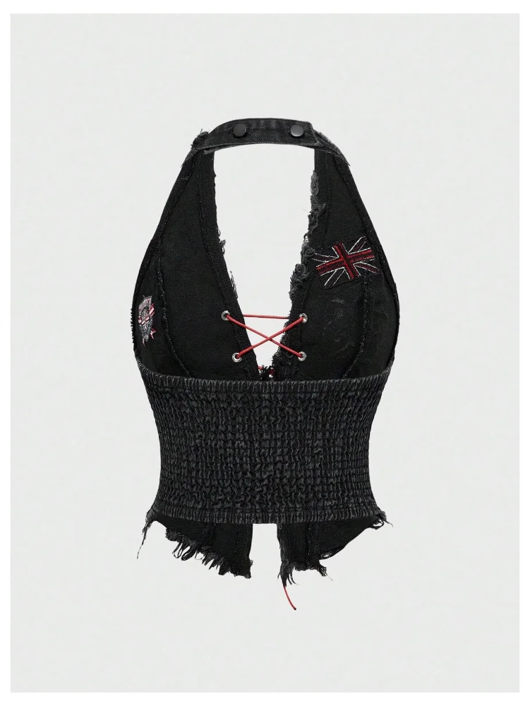 MAKEMECHIC Denim Lace Up Crop Corset Top in Black, view 2