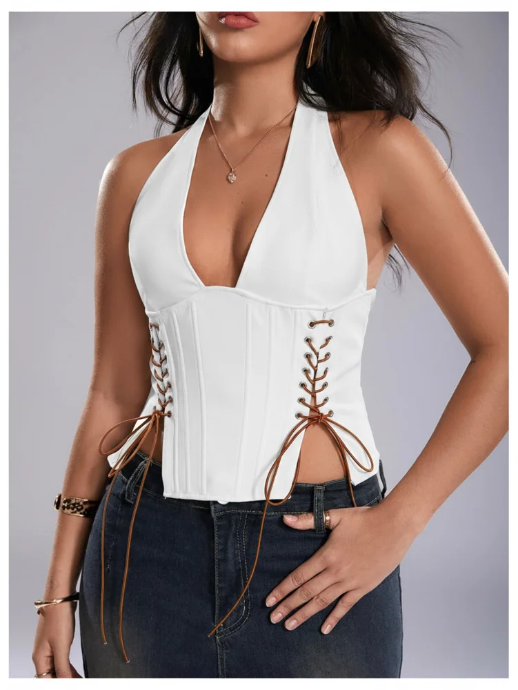 MAKEMECHIC Lace Up Crop Corset Top, view 3