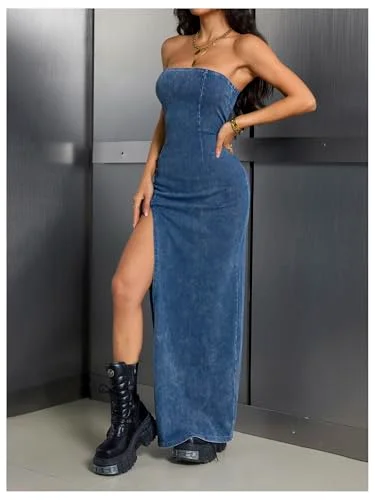 MAKEMECHIC Denim Tube Split Dress, view 2