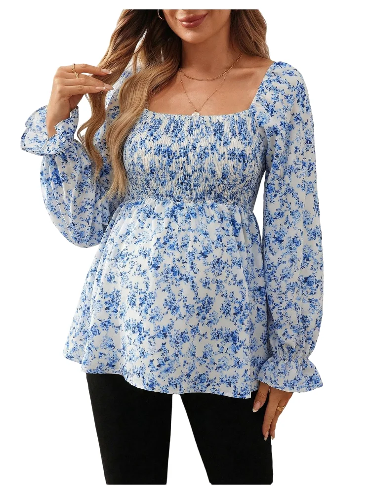 MAKEMECHIC Long Sleeve Square Neck Ruffle Maternity Blouse