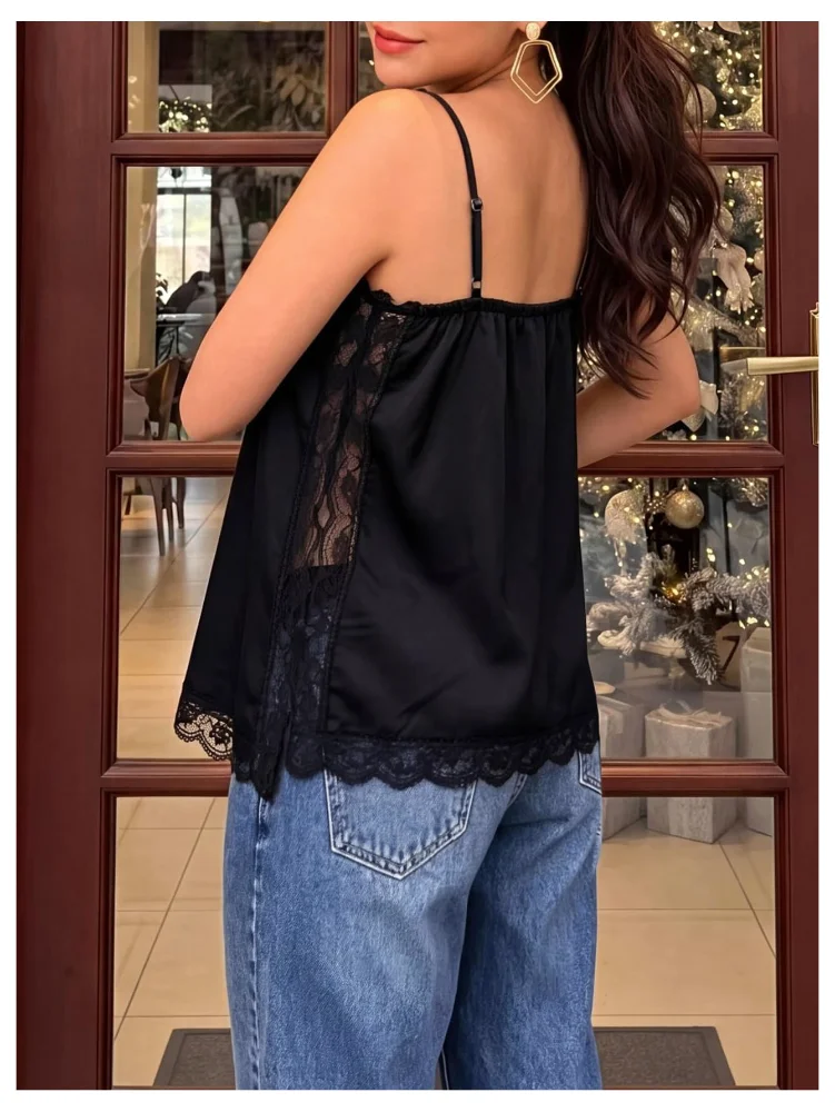 MAKEMECHIC Satin Lace Flowy Tank Top, view 2