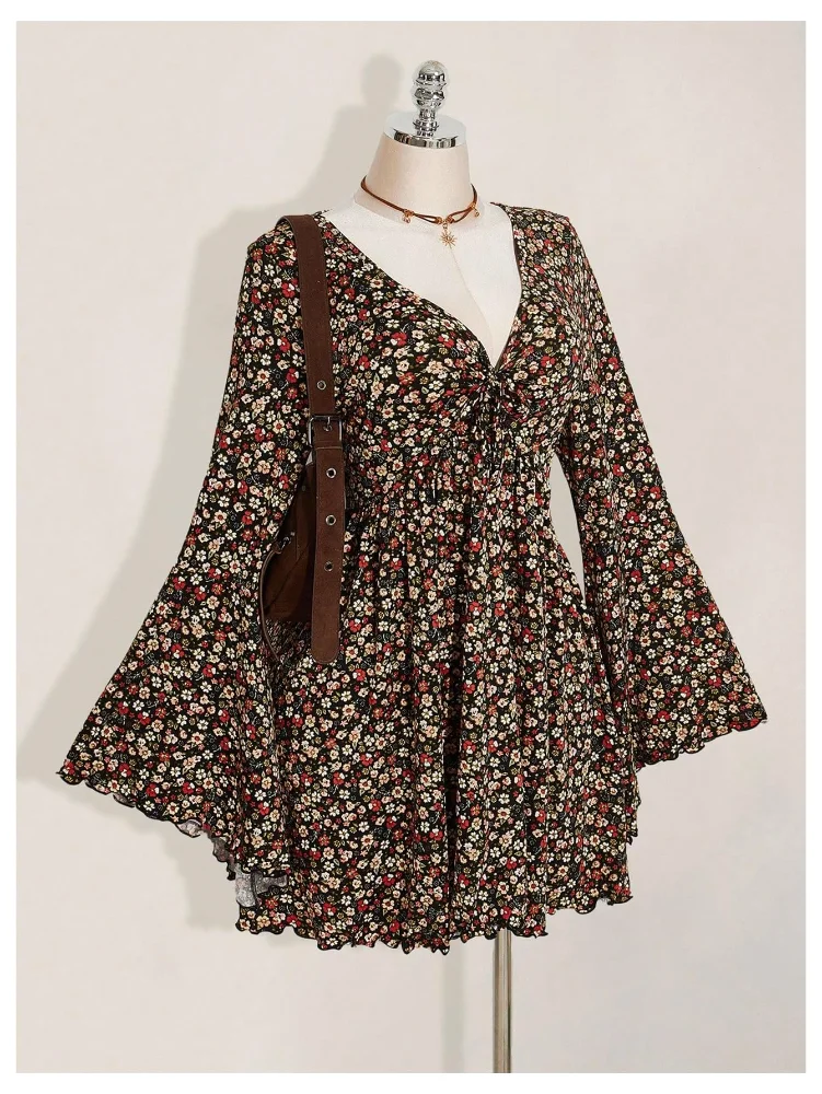 MAKEMECHIC Floral Bell Sleeve V-Neck Mini Dress, view 3