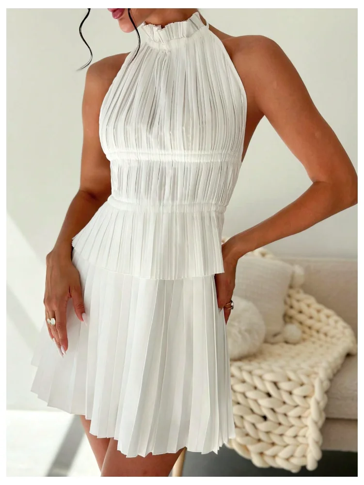 MAKEMECHIC Tie Backless Pleated Skirt Set, view 3
