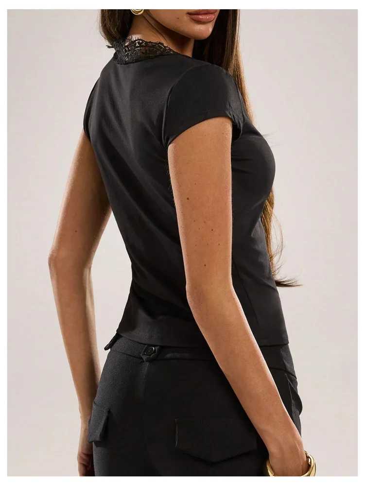 MAKEMECHIC Lace Mesh V-Neck Blouse, view 2