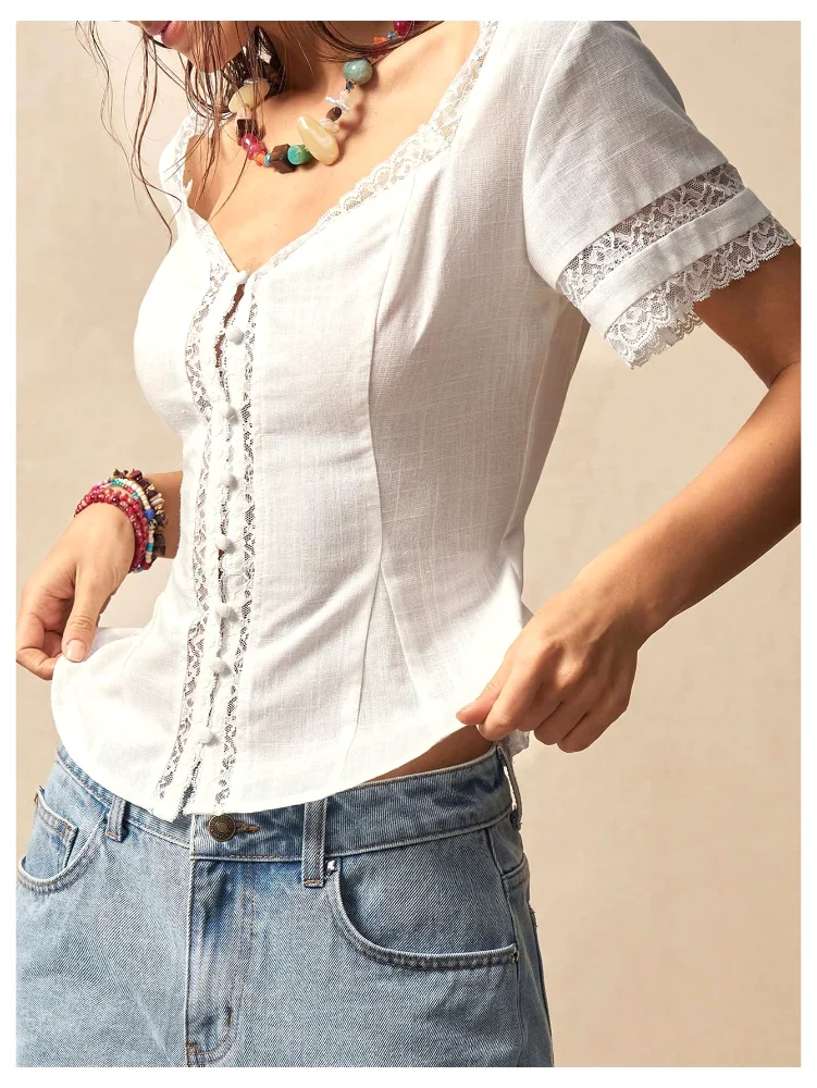 MAKEMECHIC Lace Sweetheart Linen Crop Top, view 3