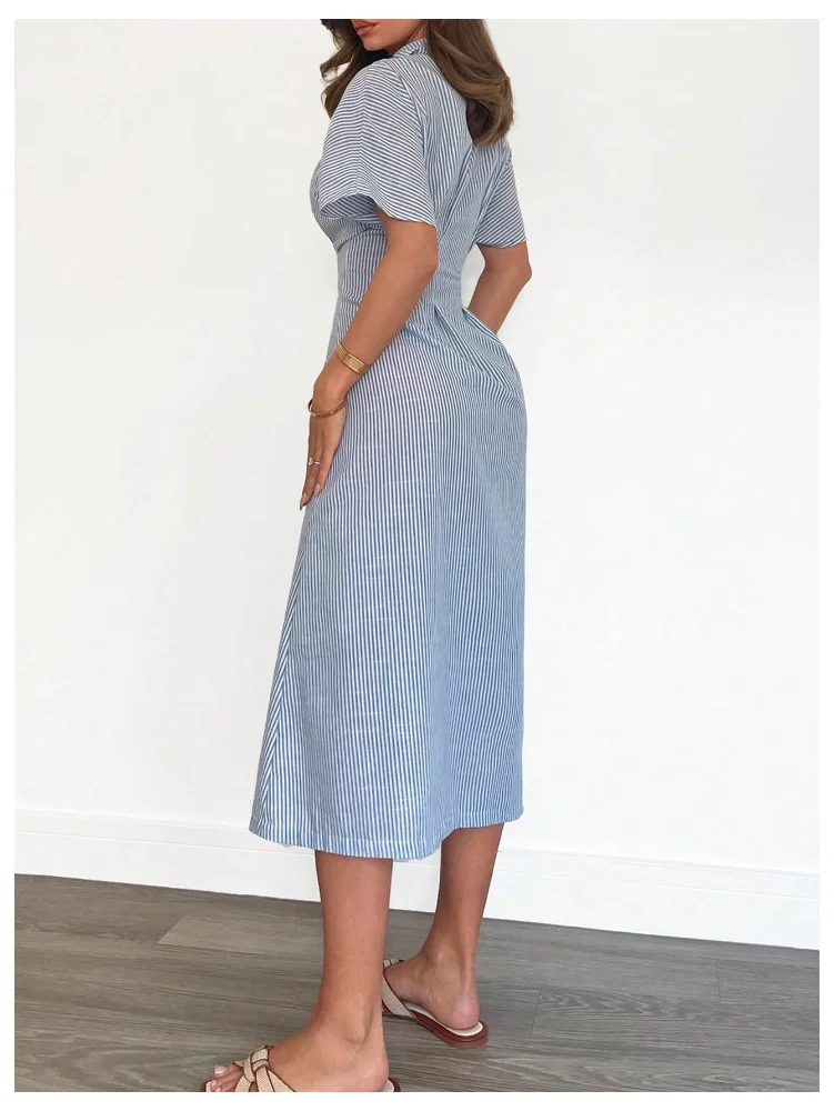 MAKEMECHIC Striped Button Down Short Sleeve Midi Dress, view 3