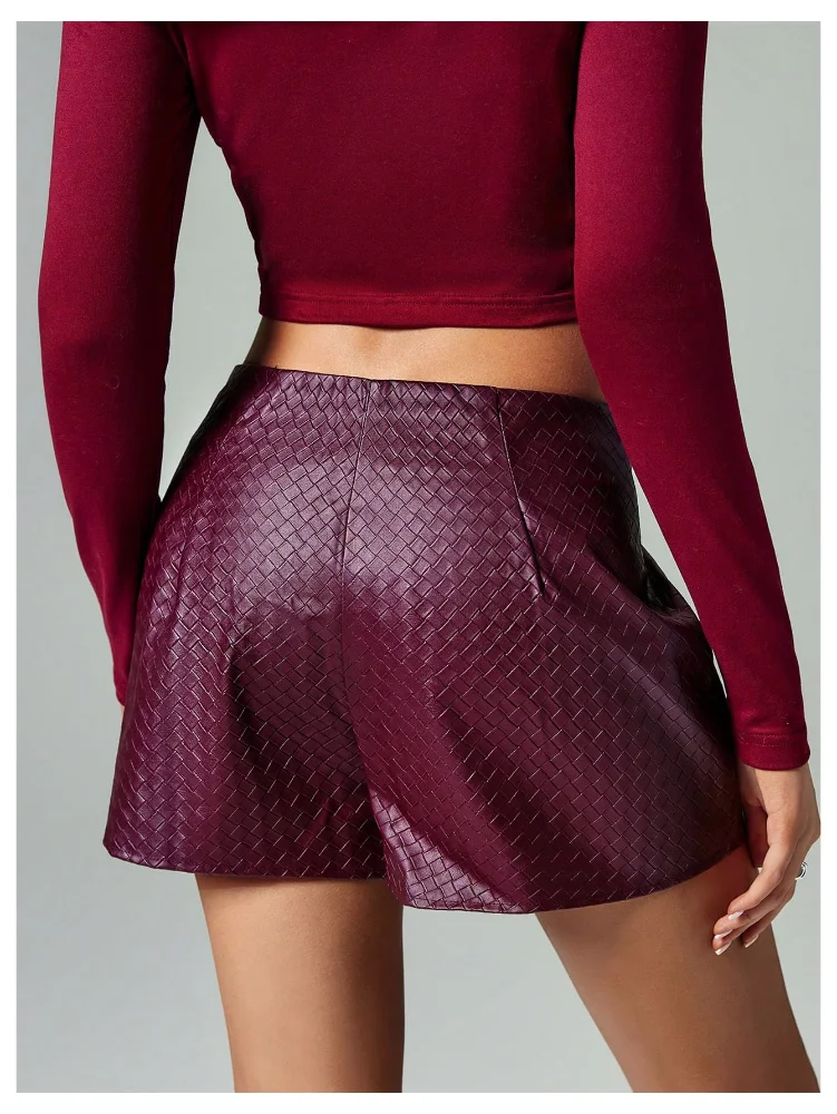 MAKEMECHIC Faux Leather Mini Low Waist Shorts, solid, view 2