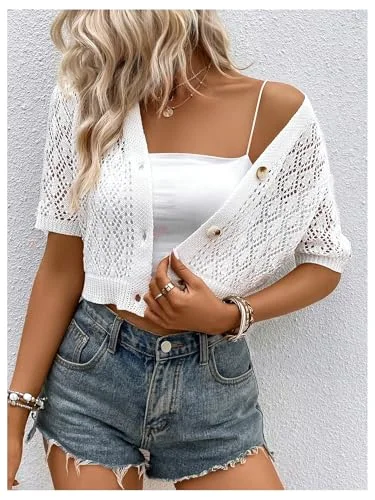 MAKEMECHIC Short Sleeve Crochet Cropped Cardigan, view 2
