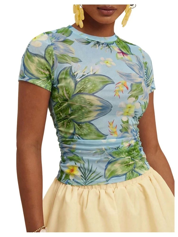 MAKEMECHIC Short Sleeve Mesh Ruched Shorts