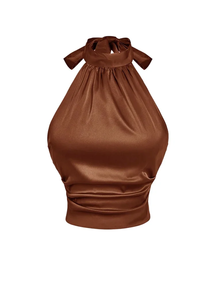 MAKEMECHIC Satin Tie Open Back Halter Top