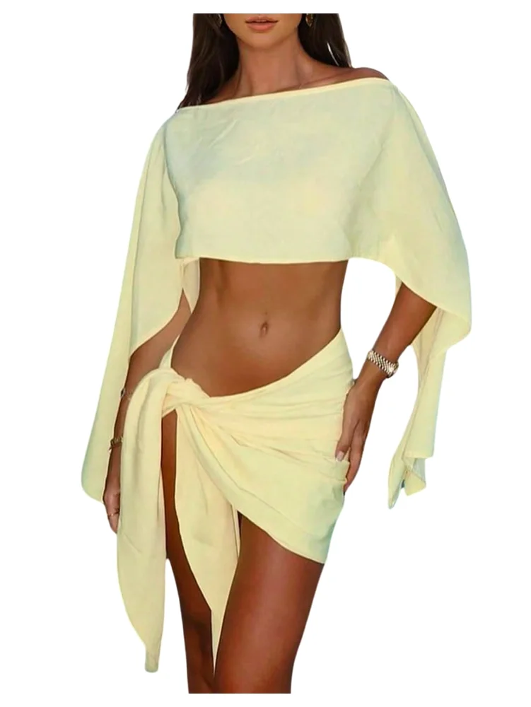 MAKEMECHIC Long Sleeve Crop Wrap Two-Piece Set
