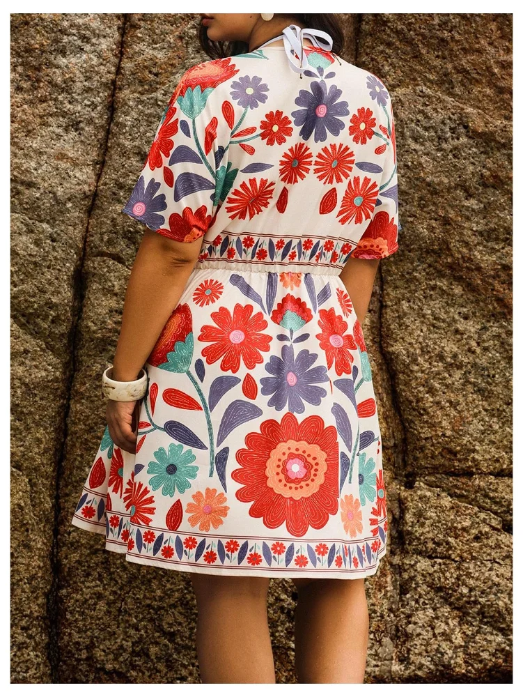 MAKEMECHIC Floral V-Neck Short Sleeve Beach Cover-Up, view 3