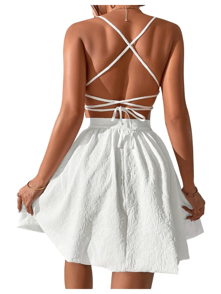 MAKEMECHIC Floral Jacquard Lace Up Mini Dress