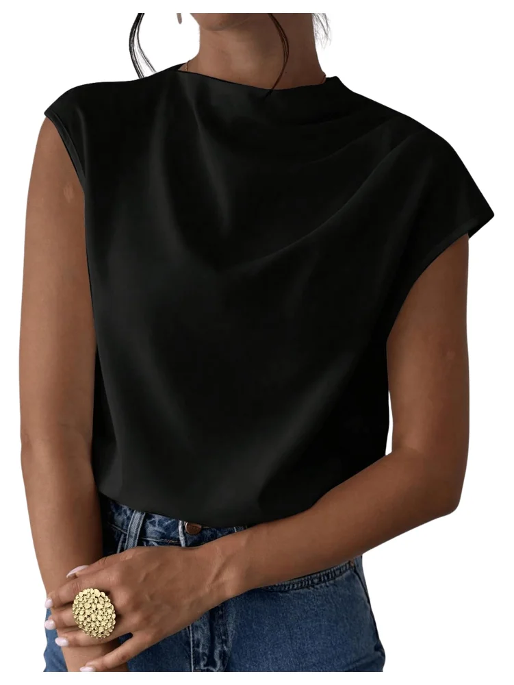 MAKEMECHIC Mock Neck Cap Sleeve Blouse