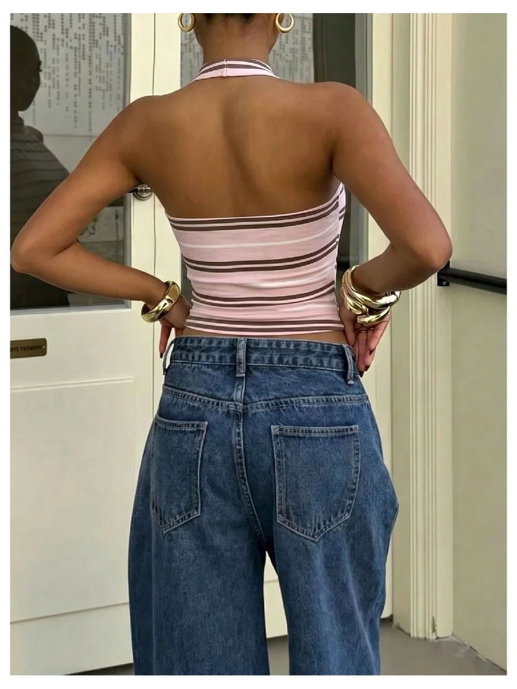 MAKEMECHIC Striped Crop Backless Halter Top, view 3