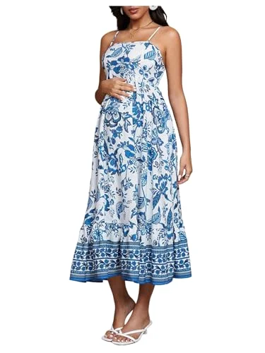 MAKEMECHIC Floral Flowy Long Maternity Maxi Dress