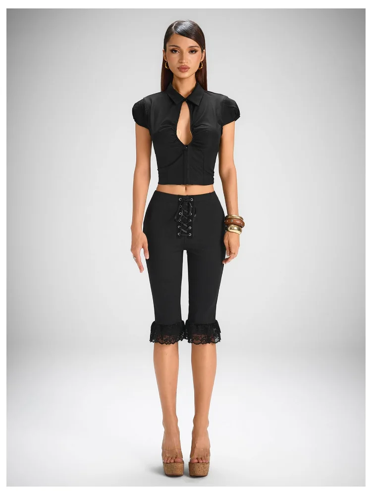 MAKEMECHIC Lace Capri Lace Up Pants, view 3