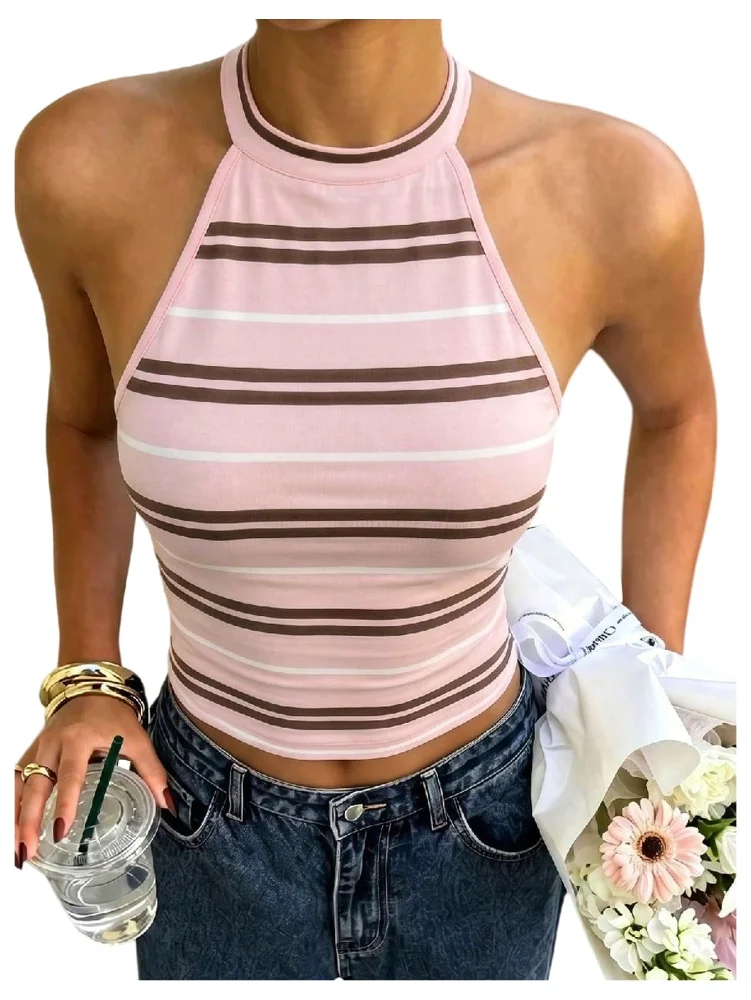 MAKEMECHIC Striped Crop Backless Halter Top