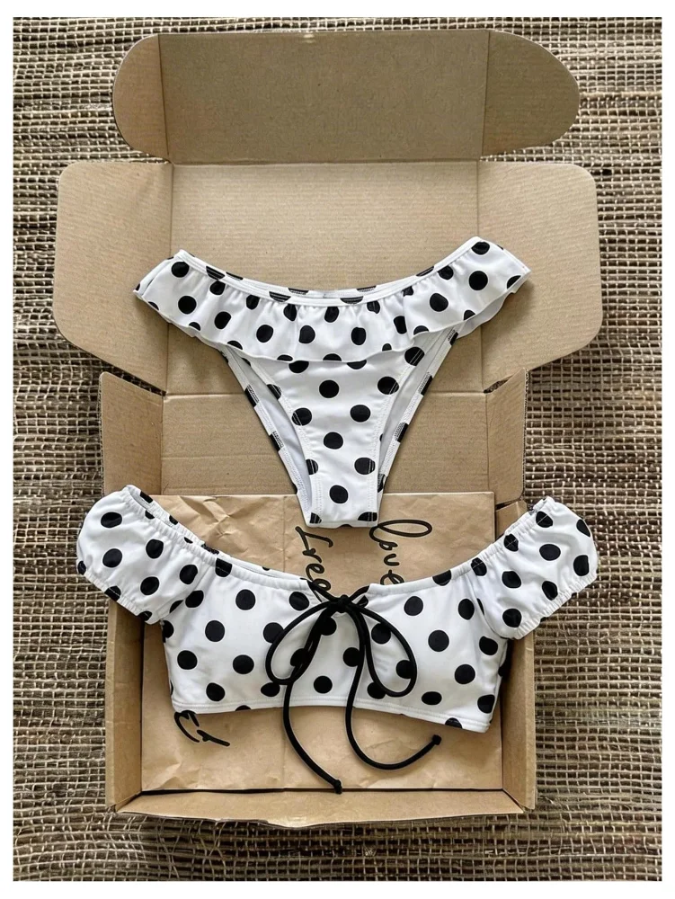 MAKEMECHIC Polka Dot Off Shoulder Ruffle Bikini Set, view 3