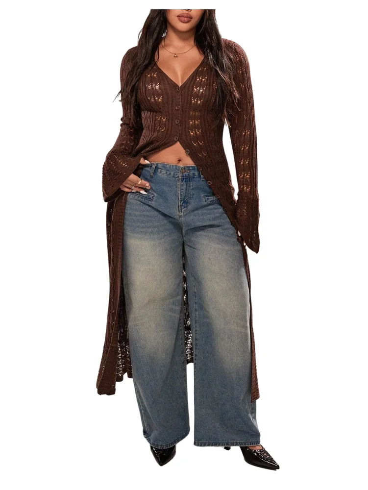 MAKEMECHIC Hollow V-Neck Knit Cardigan