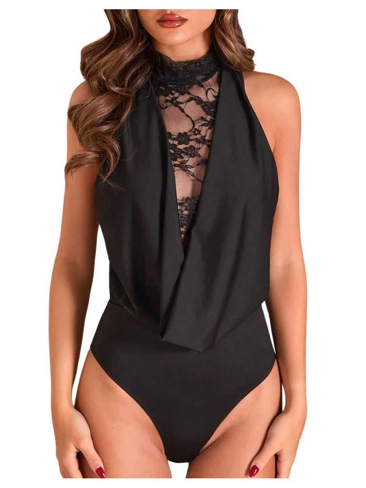 MAKEMECHIC Floral Lace Draped Bodysuit