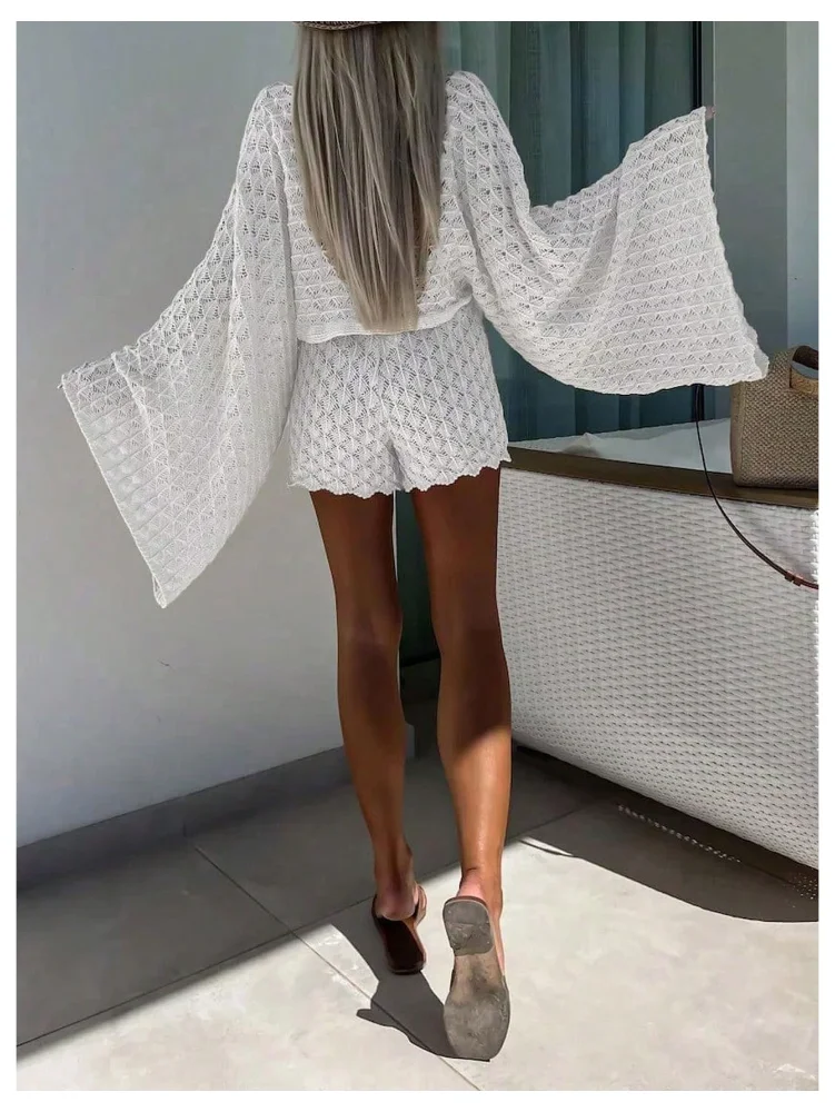 MAKEMECHIC Crochet Bell Sleeve Mini Beach Cover-Up, view 2