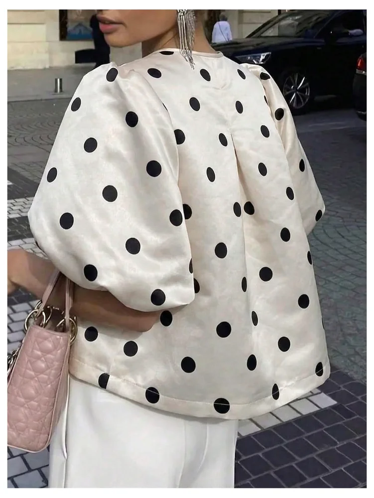 MAKEMECHIC Polka Dot Satin Puff Sleeve Crop Top, view 3