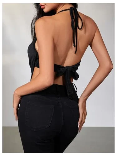 MAKEMECHIC Cowl Neck Backless Open Back Halter Top, view 2