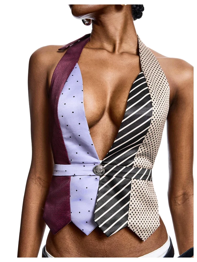 MAKEMECHIC Polka Dot Striped Halter Top