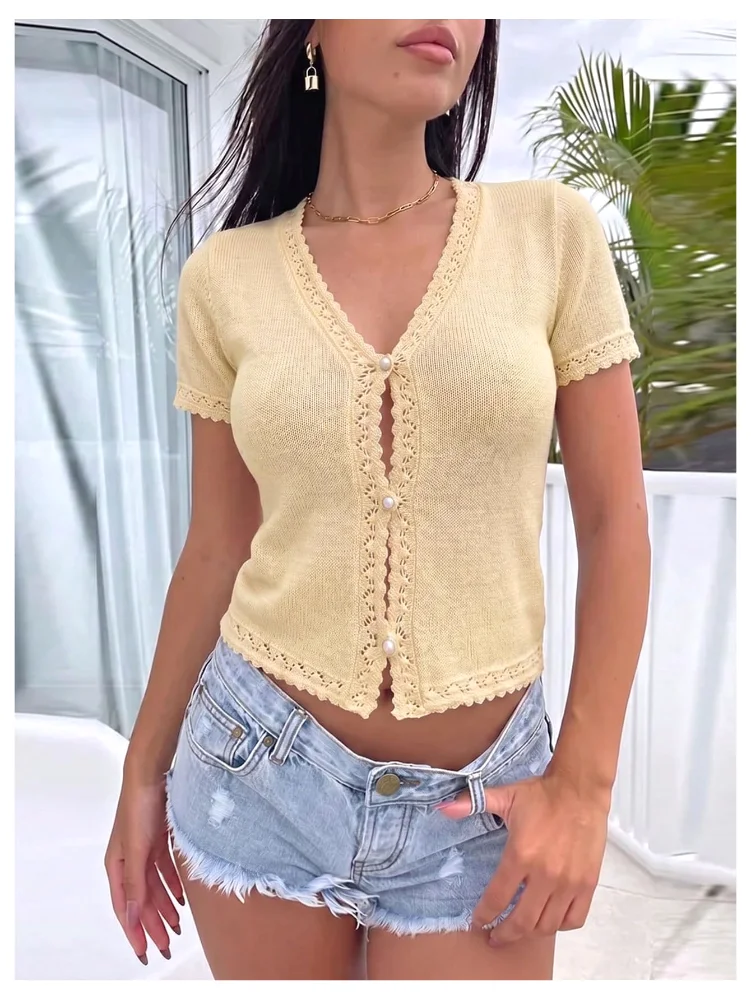 MAKEMECHIC Lace Trim Pearl Cardigan, view 2