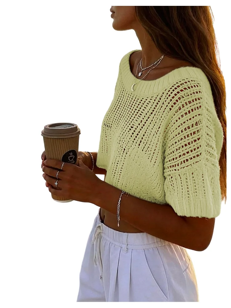 MAKEMECHIC Crochet Crop Short Sleeve Beach Cover-Up in Yellow