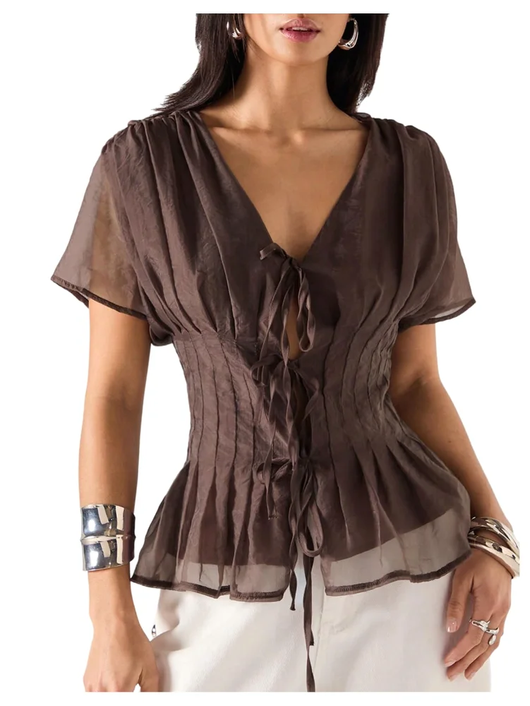 MAKEMECHIC Pleated Peplum Mesh Top